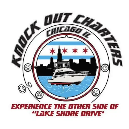 A circular logo featuring a stylized boat in the center, surrounded by a blue water design. The background includes a silhouette of a city skyline with notable buildings. Above the boat, the text "KNOCK OUT CHARTERS" is prominently displayed, with "CHICAGO IL" beneath it. At the bottom, the phrase "EXPERIENCE THE OTHER SIDE OF 'LAKE SHORE DRIVE'" is included in bold lettering. The overall design incorporates elements that suggest a nautical theme, with a porthole-like border.